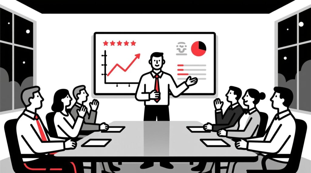 Canadian AI Guy illustration of a tourism leader presenting AI-powered visitor review insights to guide destination strategy