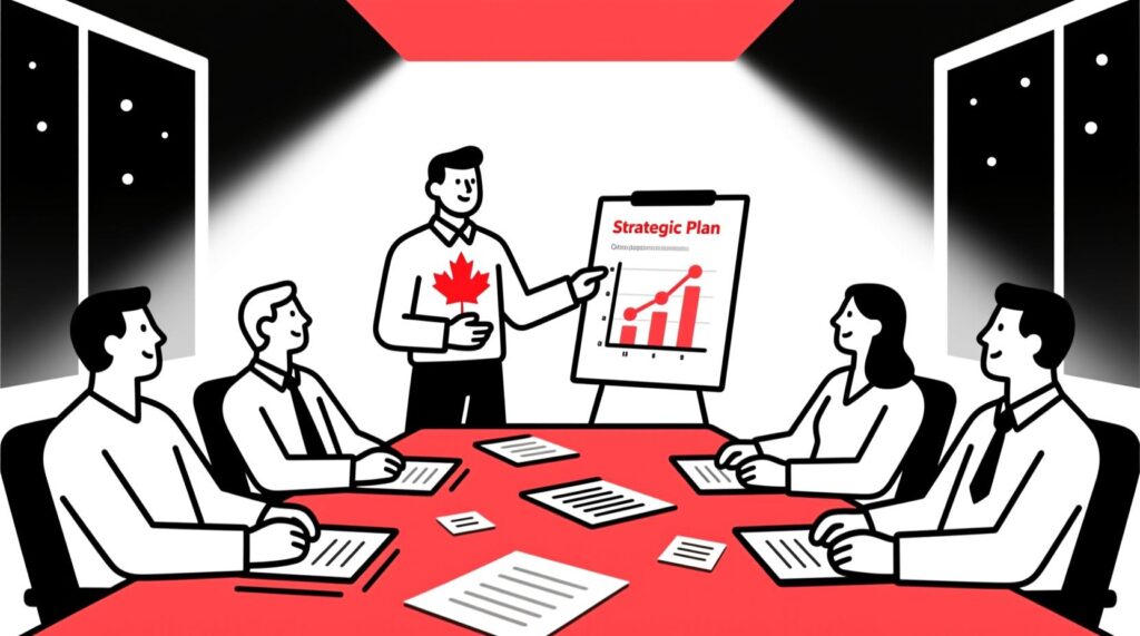 Canadian AI Guy illustration of a marketer presenting a one-page strategic plan to a board, symbolizing a shift from defending actions to directing future strategy