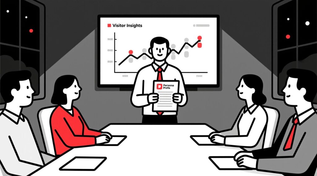 Canadian AI Guy illustration of a tourism marketer confidently presenting an AI-powered visitor persona to colleagues