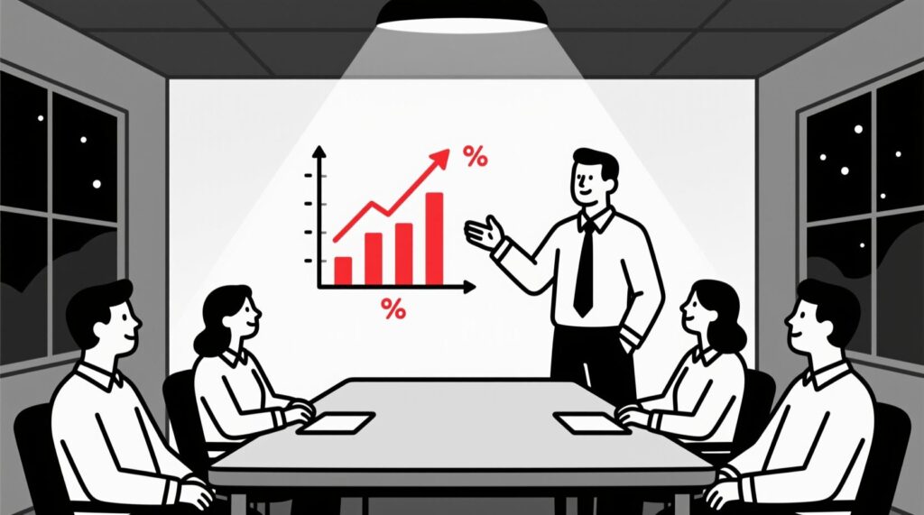 Canadian AI Guy illustration of a business owner presenting strong financial growth driven by understanding visitors with AI