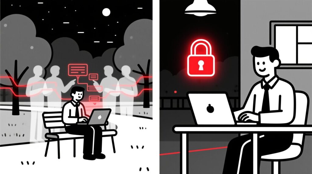 Canadian AI Guy illustration comparing free AI tools as a public park versus paid AI tools as a secure private office