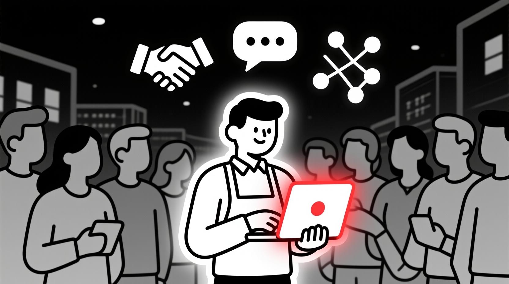 Canadian AI Guy illustration of an introverted business owner using AI to confidently network and connect with new clients