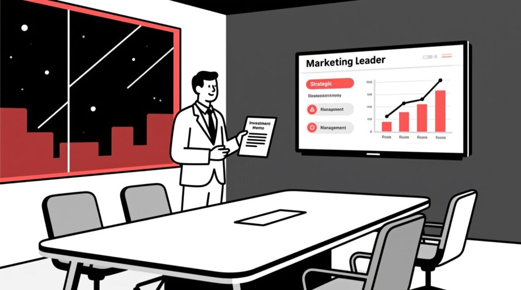 Canadian AI Guy illustration of a marketing leader presenting a goal-oriented investment memo and de-risking strategy to a board