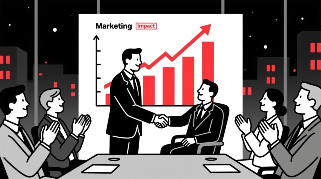 Canadian AI Guy illustration of a marketing leader earning board approval by proving marketing as an economic growth engine