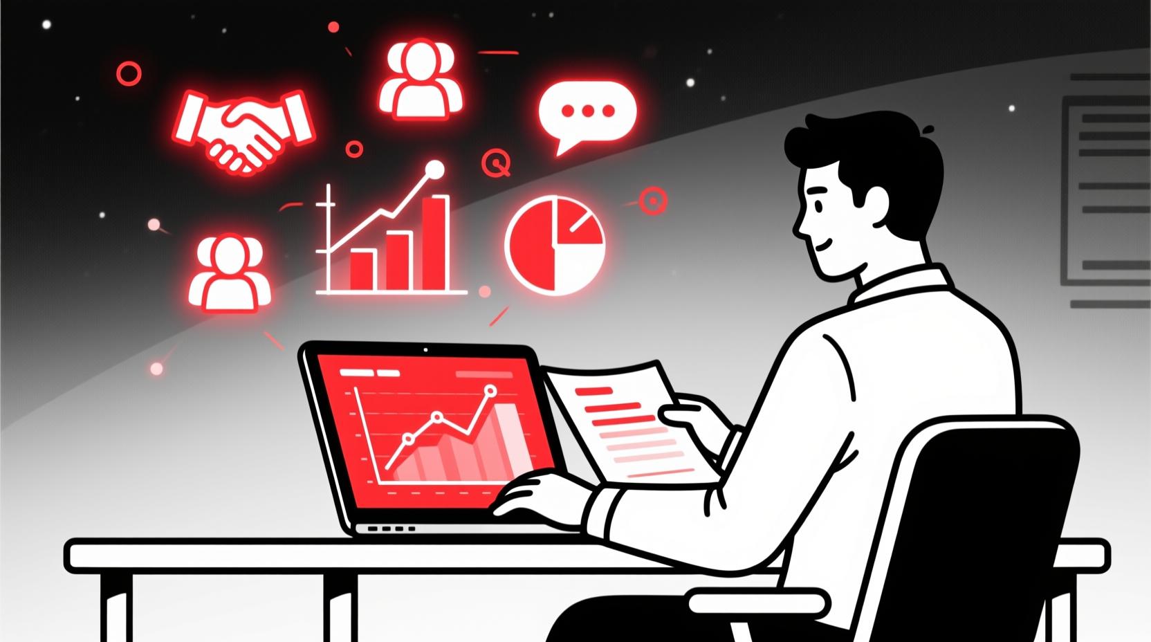 Canadian AI Guy illustration of AI analyzing event engagement through charts, connections, and conversations