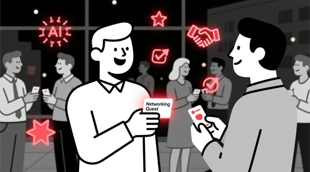 Canadian AI Guy illustration of attendees using an AI-powered Networking Quest card to spark fun and engaging connections