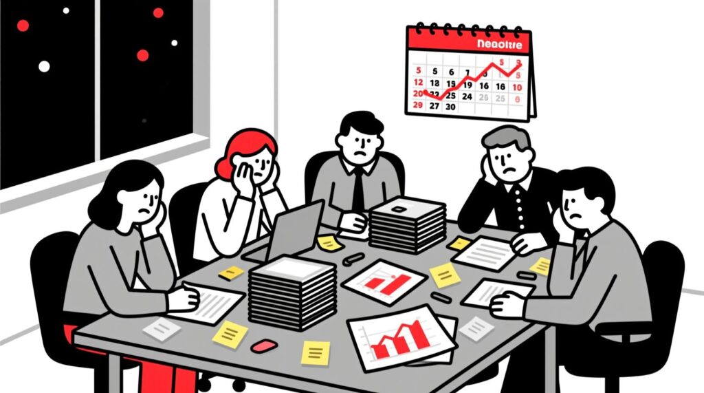 Canadian AI Guy illustration of a small tourism marketing team struggling with disconnected planning and reactive marketing tasks