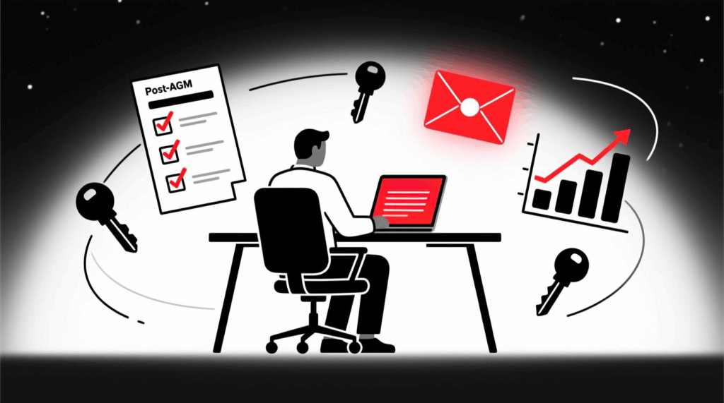 Canadian AI Guy illustration of AI helping with post-AGM surveys, thank you messages, and ROI tracking