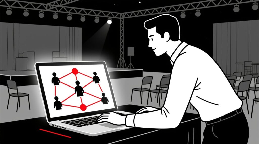 Canadian AI Guy illustration of AI mapping event attendee connections before an event to enable strategic networking