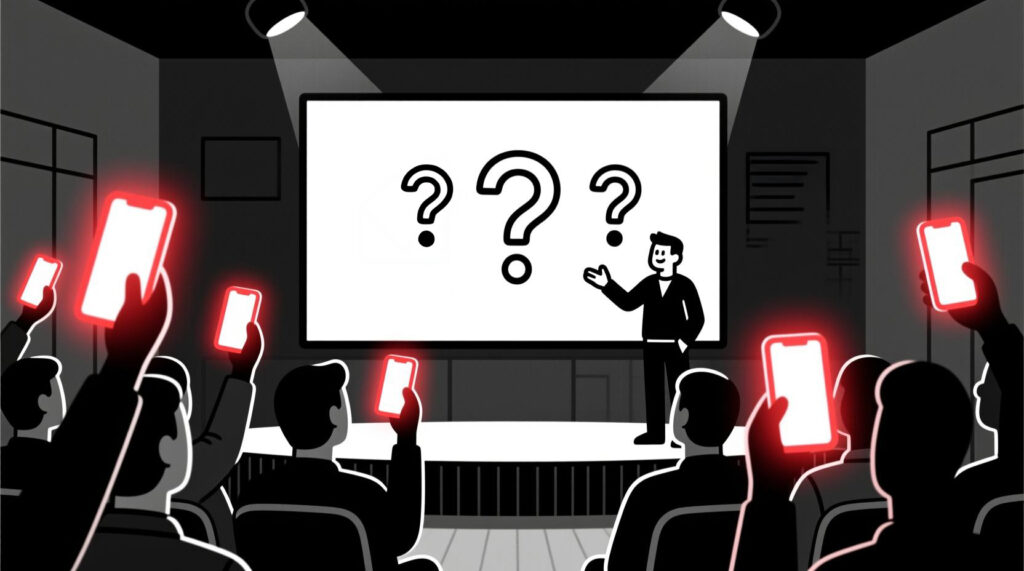 Canadian AI Guy illustration of audience members submitting and upvoting panel questions with AI in real time