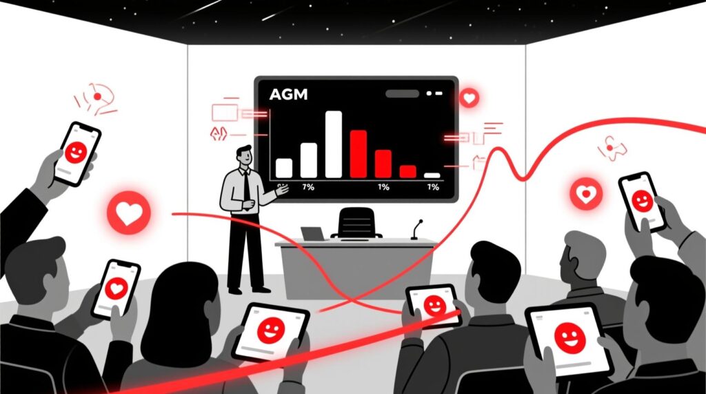 Canadian AI Guy illustration of an AGM audience using live polling with AI to capture real-time sentiment