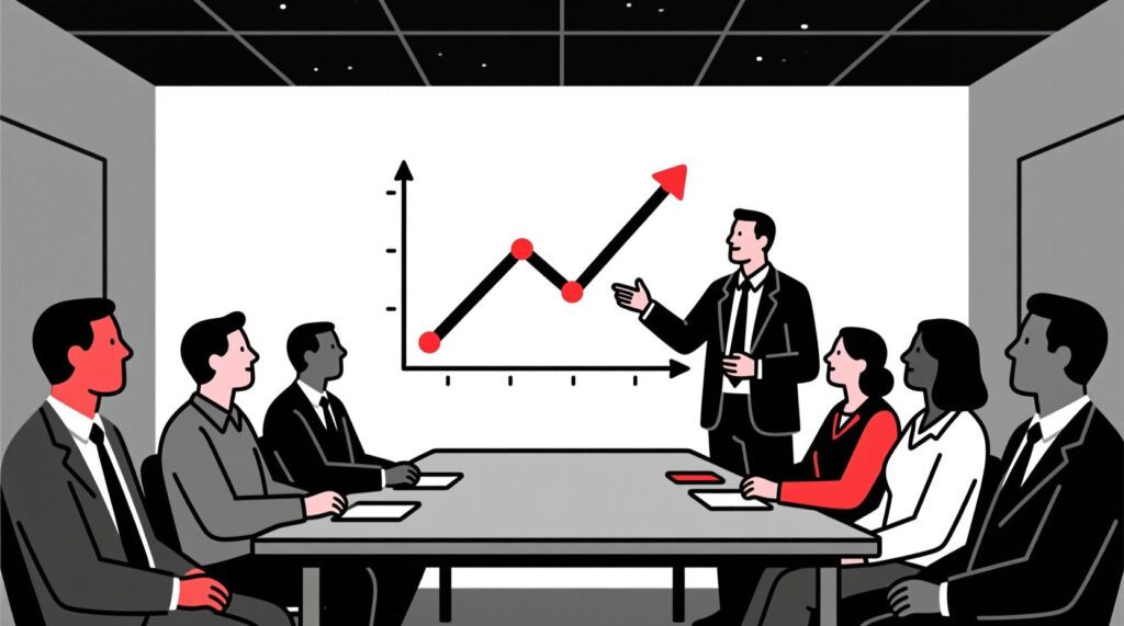 Canadian AI Guy illustration of a tourism leader guiding community stakeholders with AI-powered trend forecasts