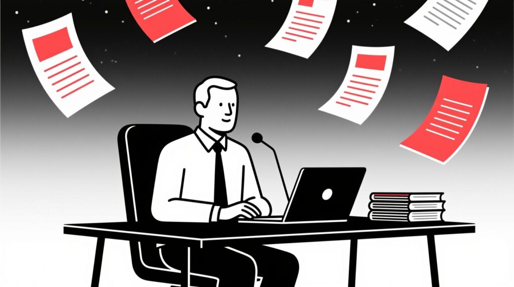 Canadian AI Guy illustration of a board chair drafting a speech section by section with AI support