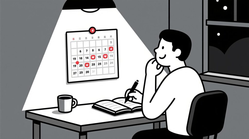 Canadian AI Guy illustration of a business owner reviewing a clear social media calendar with scheduled posts