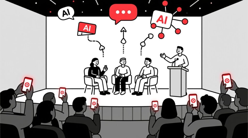 Canadian AI Guy illustration of AI crowdsourcing questions from an audience to make a panel discussion more engaging