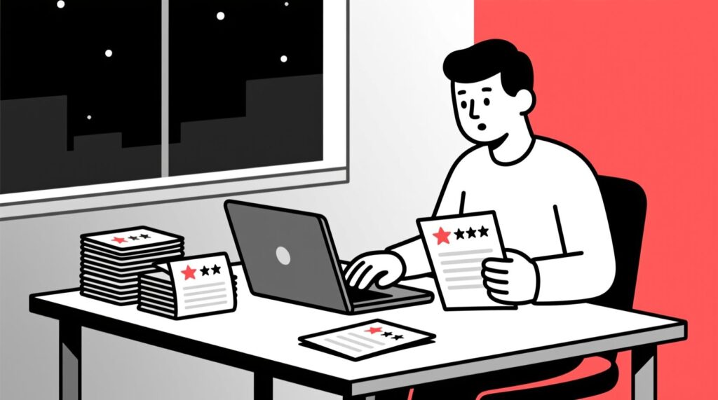 Canadian AI Guy illustration of a marketer collecting visitor reviews and preparing to analyze them with AI