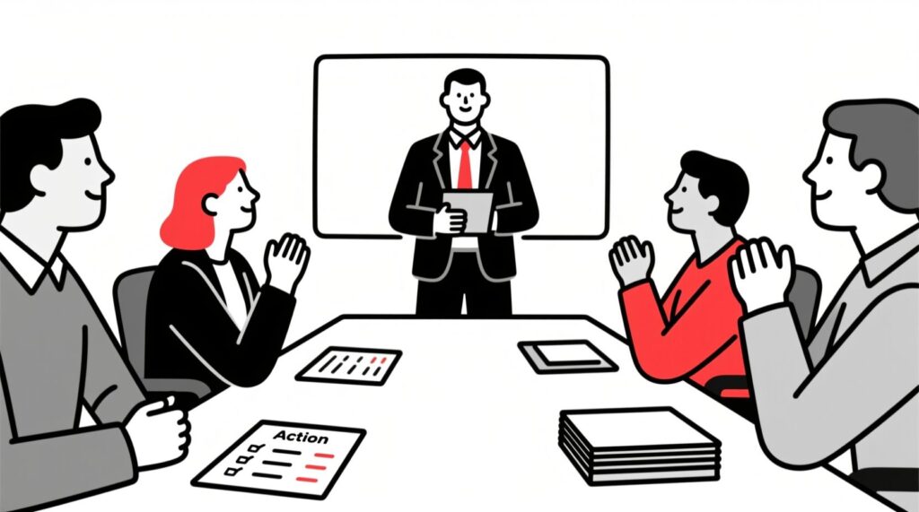 Canadian AI Guy illustration of a non-profit leader guiding a team meeting from discussion to clear commitments.