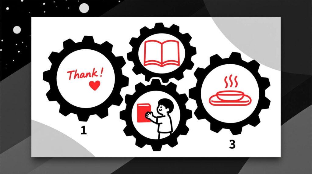 Illustration of three interlocking gears representing personal thank-yous, impact-focused updates, and relationship-building messages in a nonprofit donor stewardship engine.