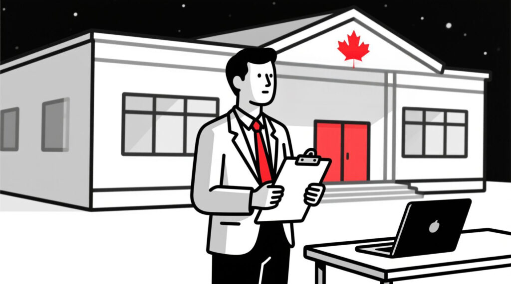 Canadian AI Guy illustration of an Executive Director standing proudly in front of a community centre, laptop closed, focusing on vision and leadership instead of admin work.