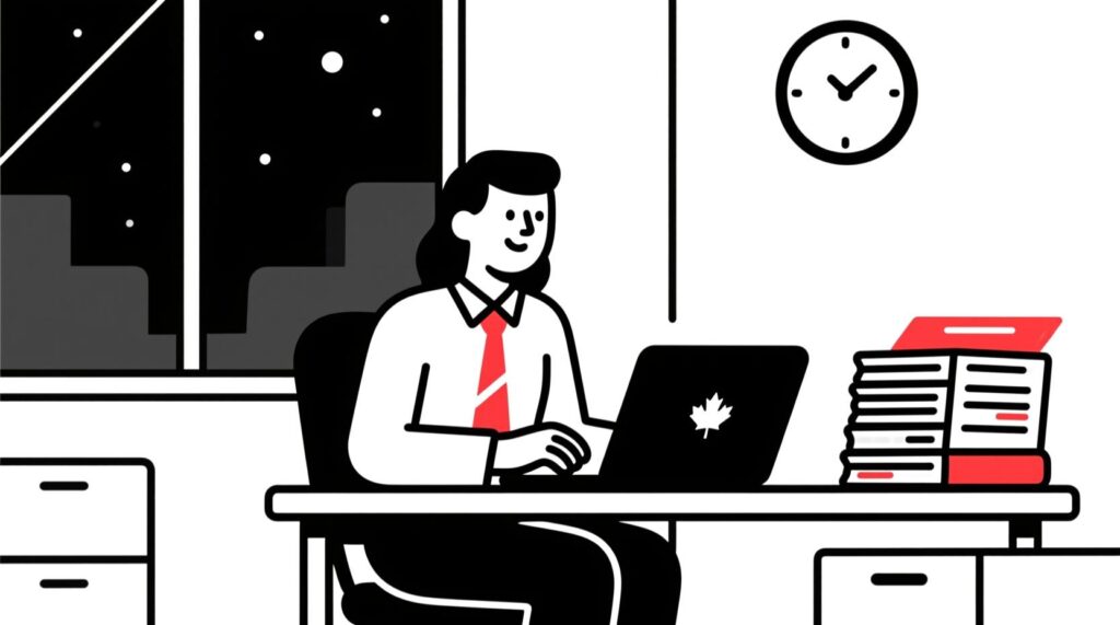 Canadian AI Guy illustration of a non-profit leader drafting policies on a laptop with confidence, policy documents neatly stacked, and a clock showing the speed of the task.