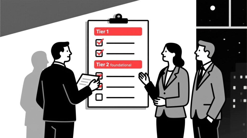 Canadian AI Guy illustration of a non-profit leader and board members reviewing a two-tier policy checklist, visually prioritizing essential policies first.