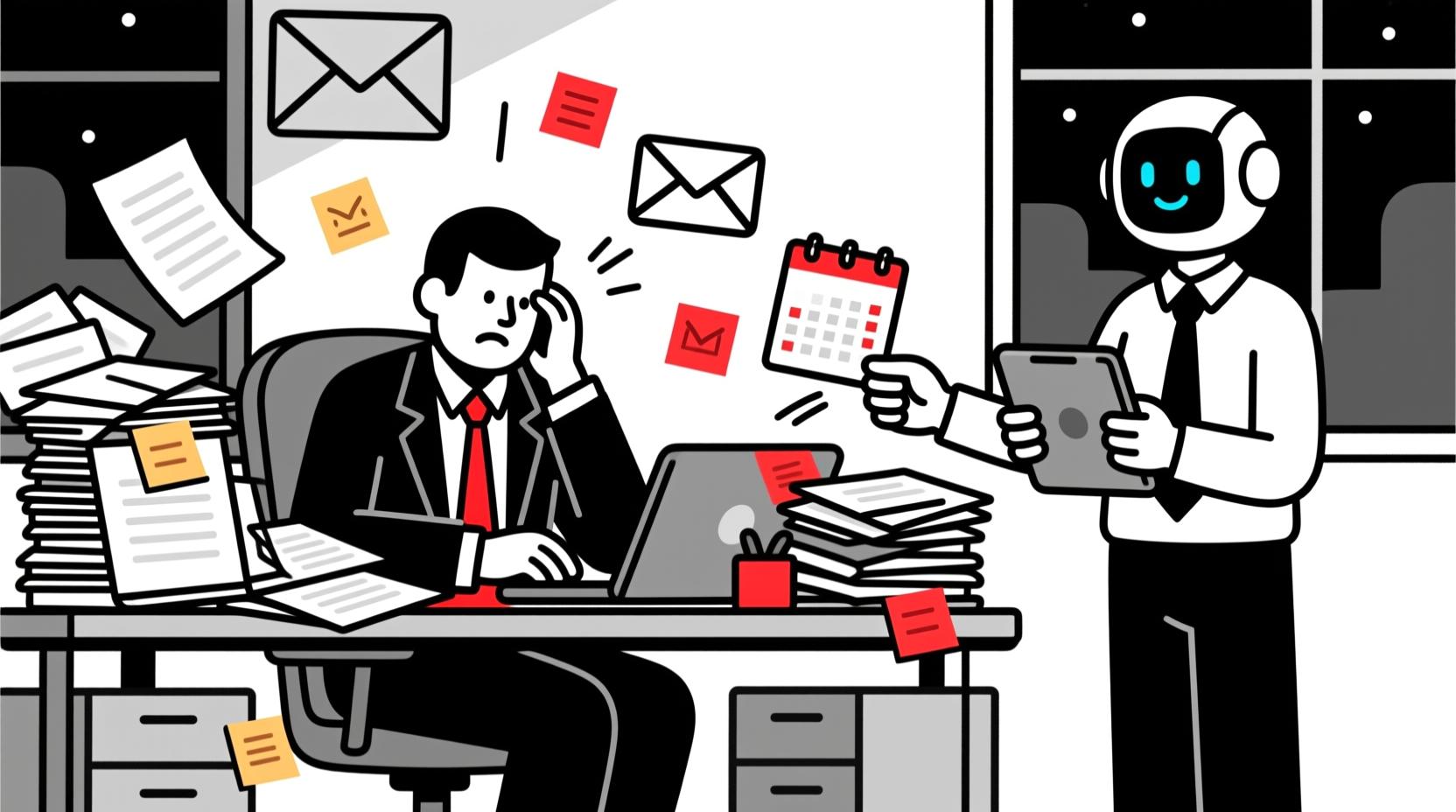 Canadian AI Guy illustration of an overwhelmed Executive Director at a cluttered desk with an AI assistant calmly handling tasks like emails and scheduling.