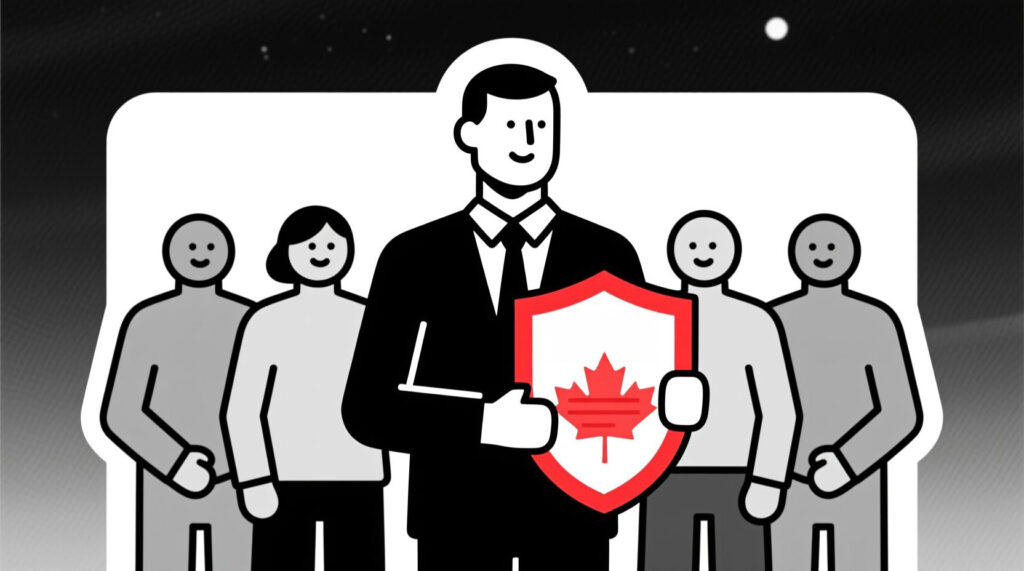Canadian AI Guy illustration of a non-profit leader holding a completed policy document as a shield, symbolizing protection and resilience for the organization.