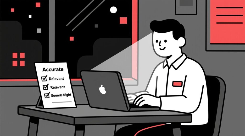 Business owner reviewing AI-generated content with a checklist for accuracy, relevance, and brand voice