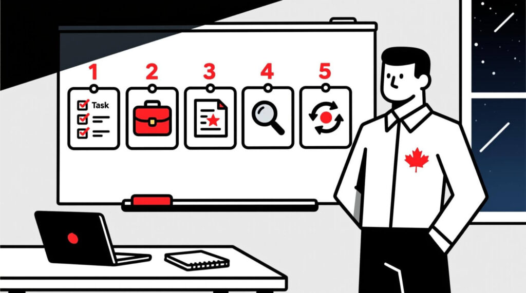 Small business owner pointing to a five-step TCREI framework on a whiteboard—Task, Context, Reference, Evaluate, Iterate.