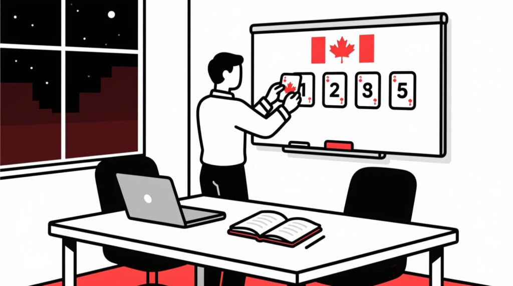 Small business owner arranging five numbered steps on a whiteboard to apply the TCREI prompt framework.
