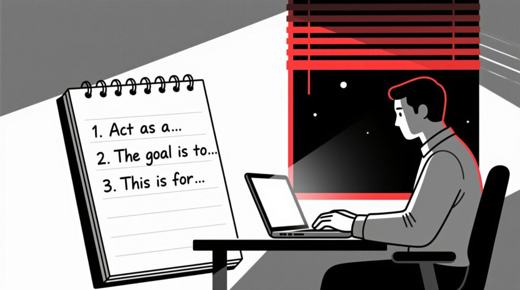 Checklist with three steps—Assign a Role, State the Goal, Define the Audience—next to a business owner writing a clear AI prompt.