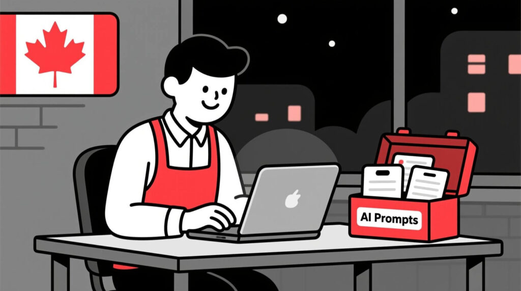 A small business owner using a toolkit of time-saving AI prompts to work more efficiently.