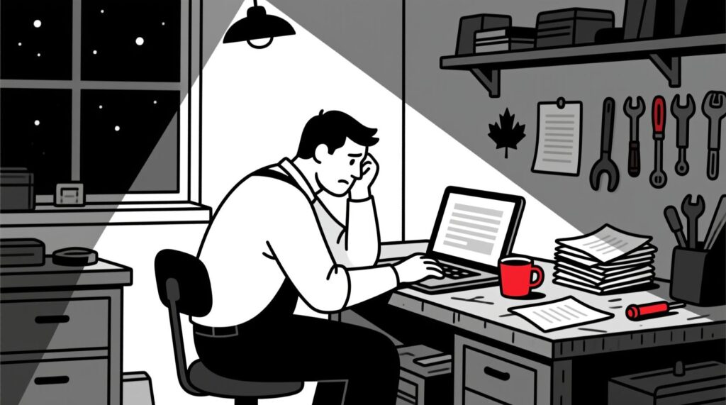 Frustrated small business owner staring at a laptop with bland AI-generated text, symbolizing poor results from ChatGPT.