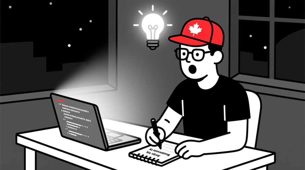 illustration of the Canadian AI Guy having an “aha moment” as AI mirrors his writing style on screen.