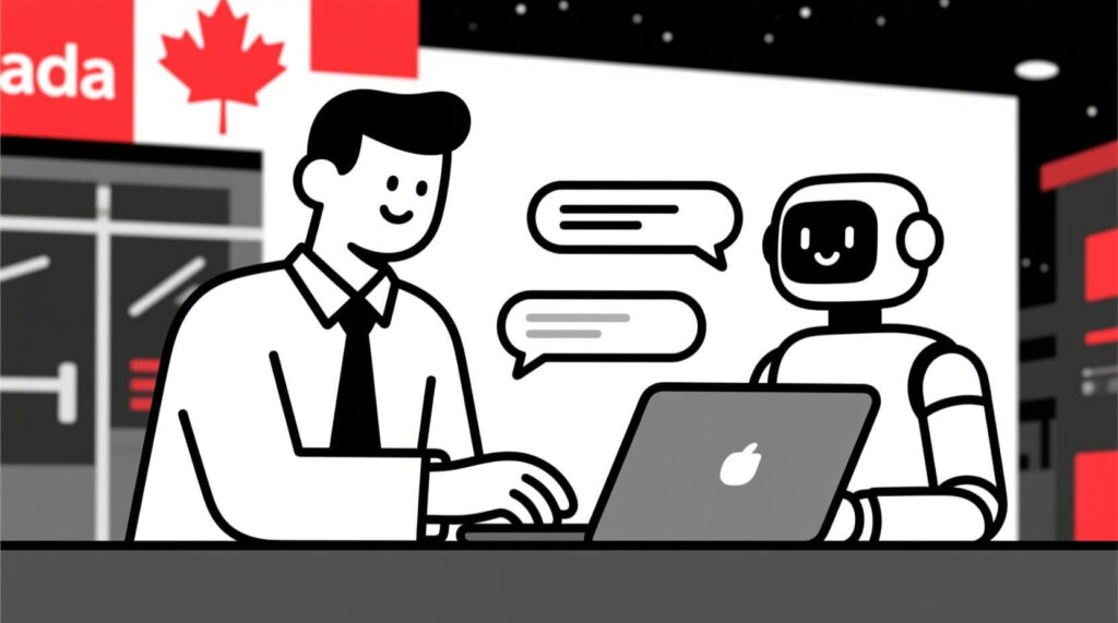 Illustration of a business owner guiding an AI through a back-and-forth chat, refining a welcome email draft step by step until it becomes a polished final version.