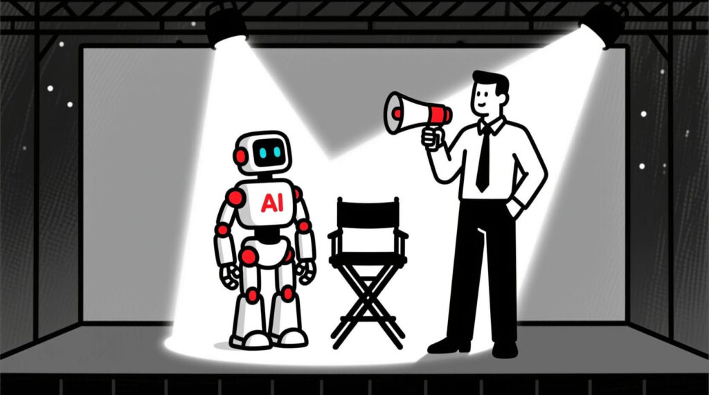 Illustration of a small business owner as a director guiding an AI “actor” on stage, symbolizing control over AI outputs.