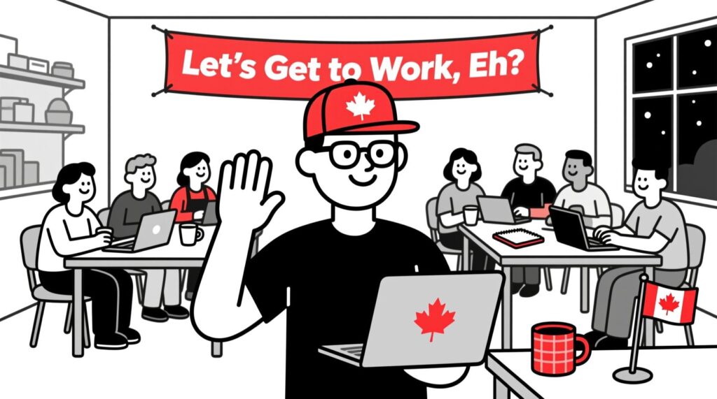 Flat illustration of Canadian AI Guy launching his brand, encouraging Canadian small business owners to take action with AI.