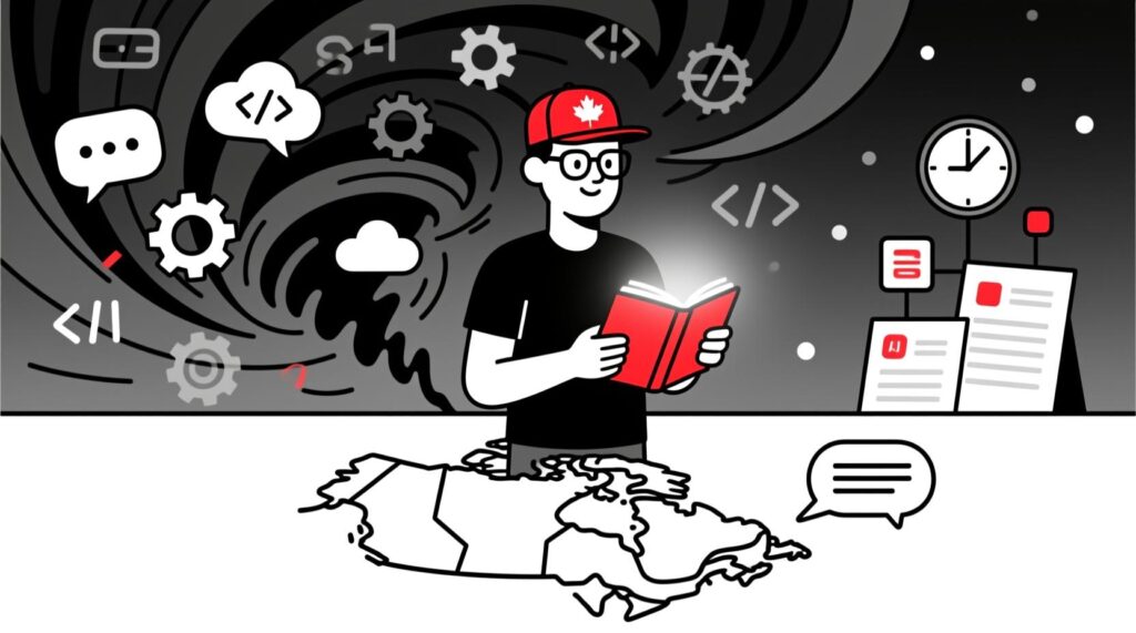 Flat illustration of Canadian AI Guy guiding through a storm of AI technology, holding a glowing playbook as a local expert in Canada.