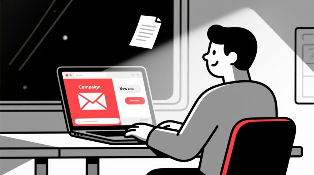 Illustration of a laptop showing an old chat about an email campaign next to a fresh new chat window, symbolizing starting a new conversation for each task.