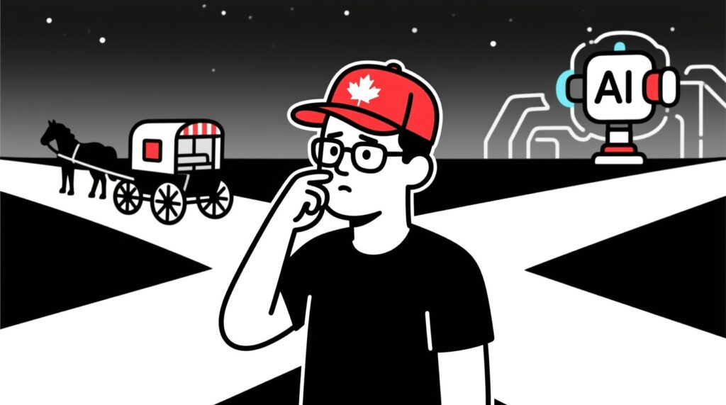 a small business owner at a crossroads between a horse-and-buggy past and a futuristic AI-powered future, symbolizing ChatGPT as the tipping point.