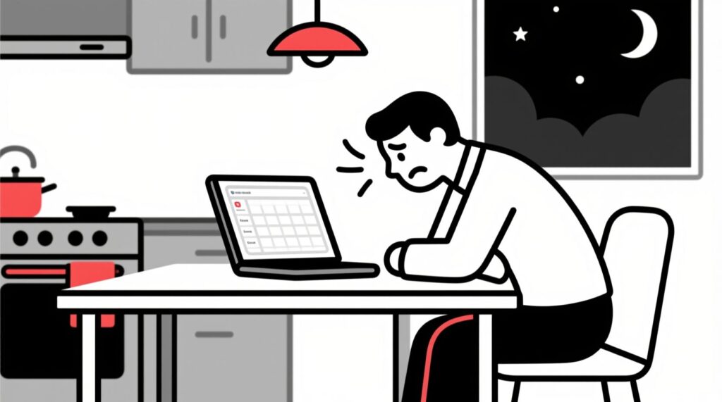 Frustrated small business owner trying to write social media posts.