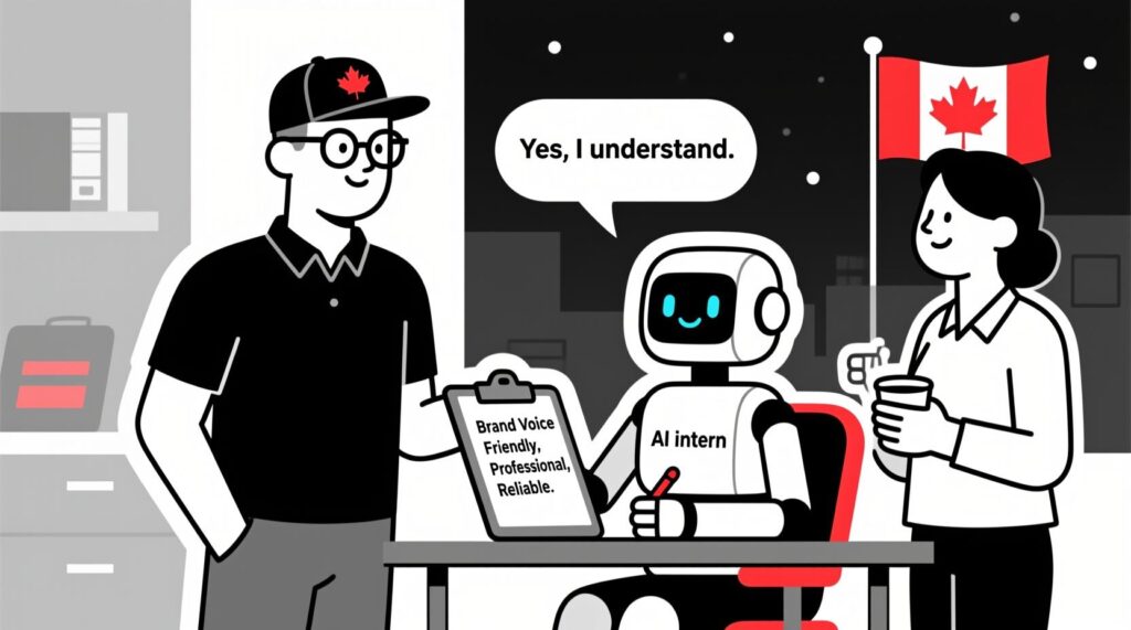 A business owner and Canadian AI Guy priming a friendly AI intern with brand and audience details before starting a task.